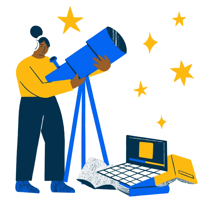 Illustration of a woman wearing a yellow shirt and blue pants listening to headphones holding a telescope surrounded by stars, with a laptop and pile of books on the floor at her feet.